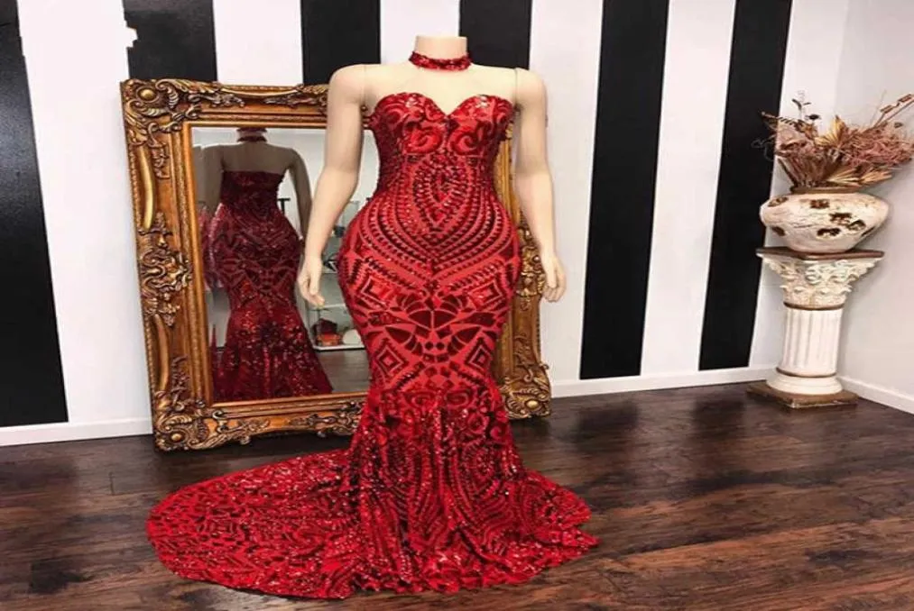 Long Elegant Red Mermaid Prom Dresses 2020 Sweetheart African Women Black Girl Sequin Evening Dress Custom Made3732204