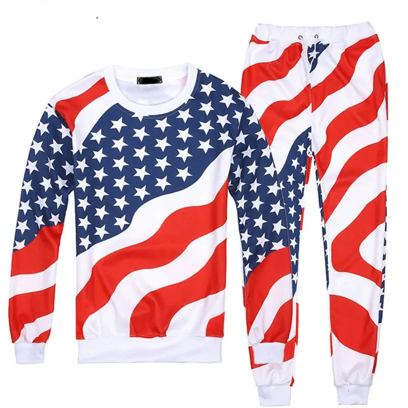 Mode hommes/femmes drapeau américain imprimer survêtements col rond sweat-shirt 2 pièces pulls joggers ensemble Plus S-XXL R2393 240309