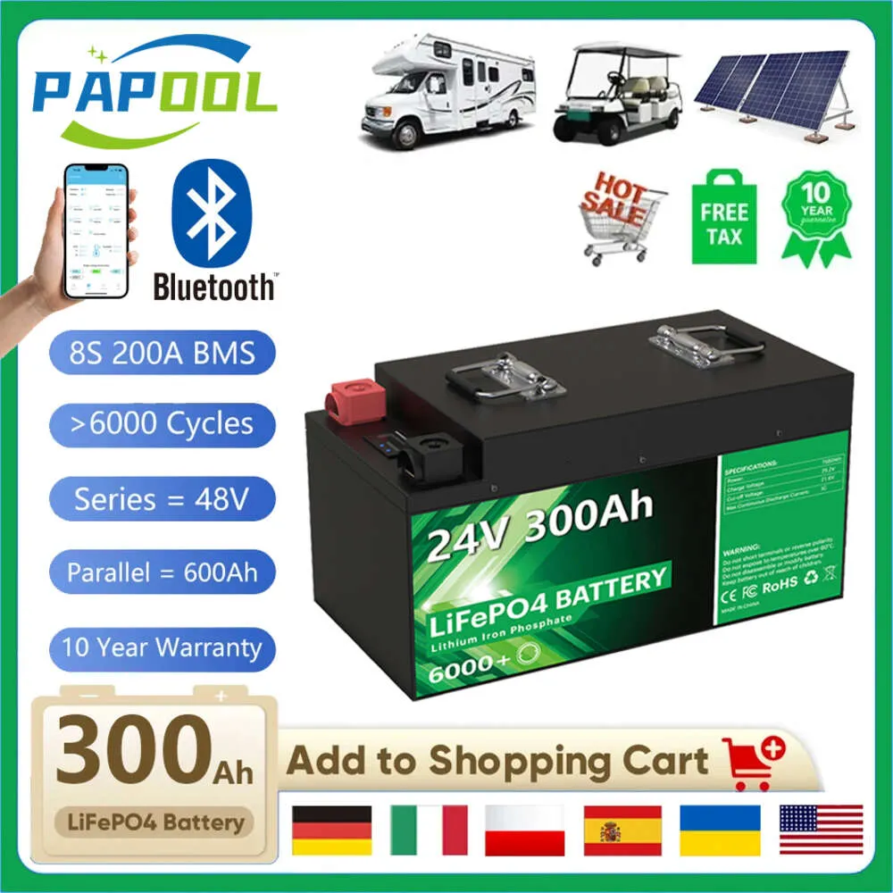 Batterie LiFePO4 24V, 300ah, 7680wh, Bluetooth, 6000 + Cycles, BMS 8S, 12V, 100ah, 140ah, 200ah, 240ah, pour camping-car, bateau, solaire, sans taxe