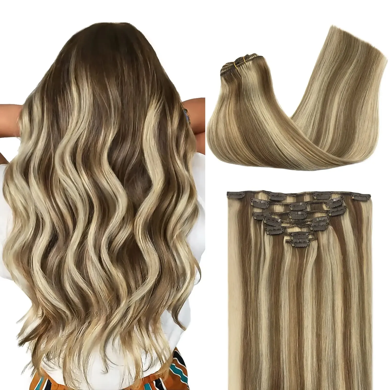 Extensions Gerade Clip-In-Haarverlängerungen Echthaar Schwarz Hellbraun Honig Ombre Balayage Natürliche Haarteile für Frauen mit Clips