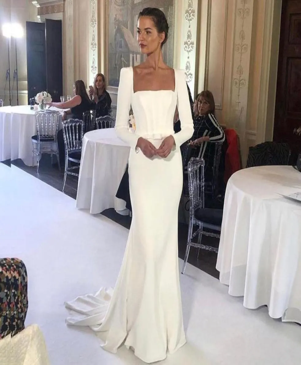 Abiti da sposa semplici a sirena con collo quadrato e maniche lunghe in raso, abito da sposa, strascico con cintura, abiti da sposa country7023764