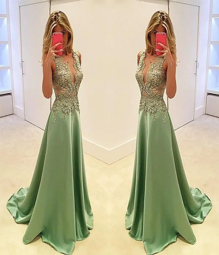 Prom Dresses Plunging V Neck Olive Green Satin Lace Appliques Pärlade illusion Långa aftonklänningar slitage Plus -storlek Formell festklänning3294160