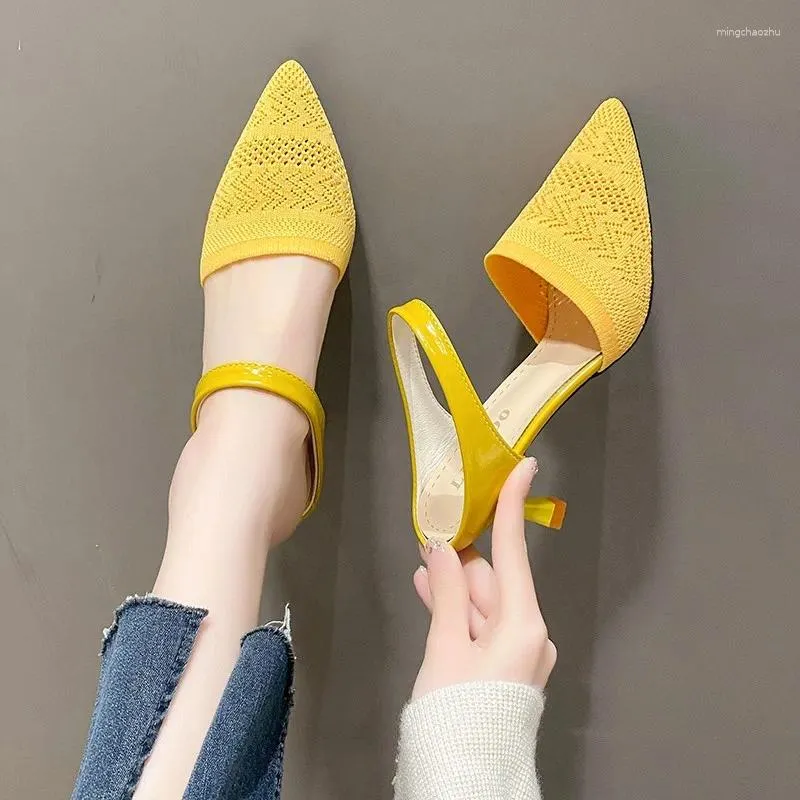 Slippers 2024 Summer High Heel Sandals Women's Pointed Toe Slim Heels Shallow Mouth Fashion Shoes Lazy Man Flying Weave One Foot Peda