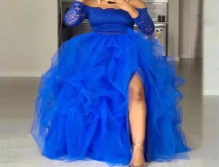 Royal Blue Party Dresses High Side Slit Tulle Saia Puddy Tiered Bottom para Mulheres Vestido de Baile Duas Peças Plus Sizs Vestidos Noite 8110231
