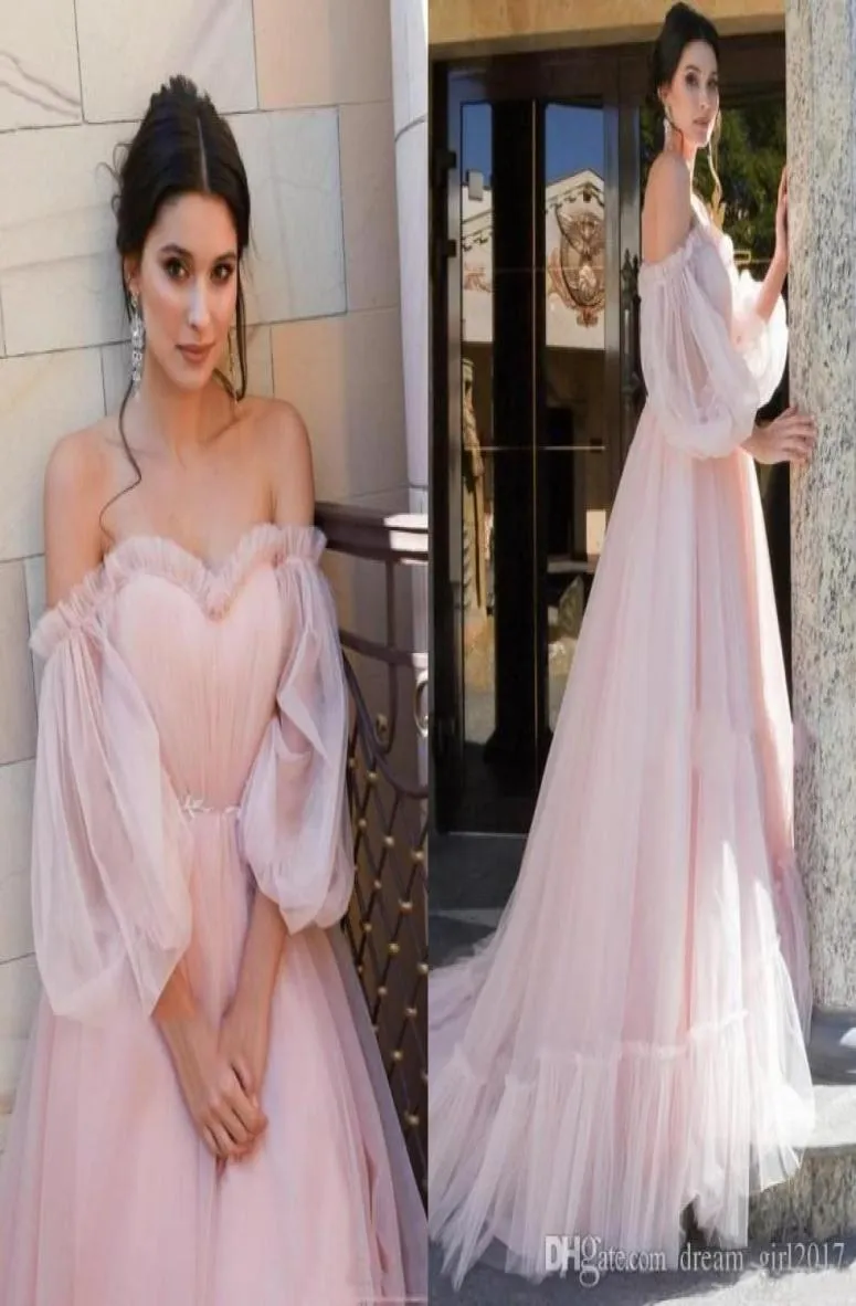 Arabic Pink Vintage Fancy Princess Prom Dresses Off Shoulder Puffy Sleeves 2020 Newest Formal Evening Dresses Pageant Gowns Plus S8809312