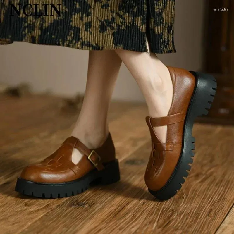 Jurk Schoenen 2024 Lente/Herfst Split Leer Mary Jane Ronde Neus Dikke Hak Voor Vrouwen Casual Platform Zwarte dikke Hakken