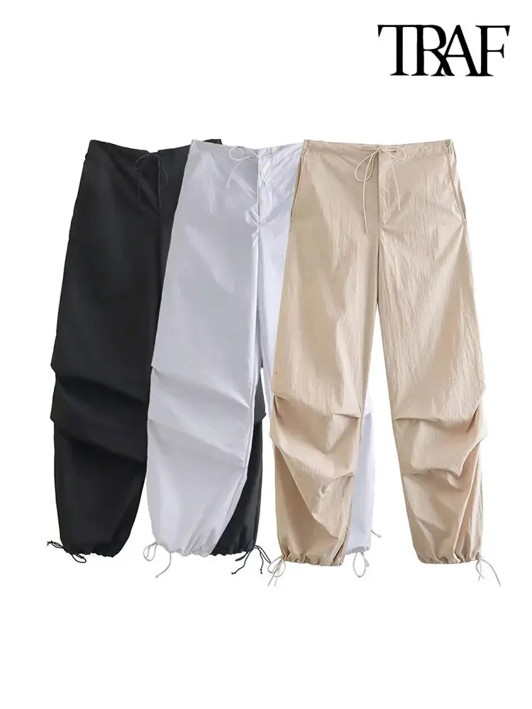TRAF femmes mode poches latérales plis genou Jogging pantalon Vintage taille haute élastique avec cordon femme pantalon Mujer 240319