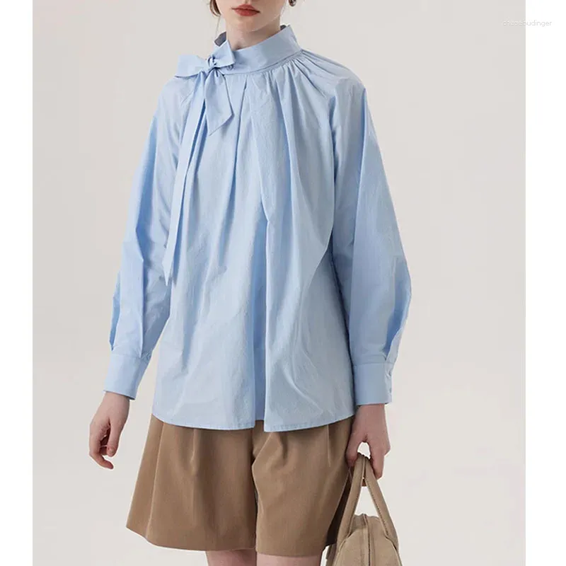 Blusas femininas 2024 primavera camisa azul para mulheres moda arco design manga longa casual blusa solta topos s791
