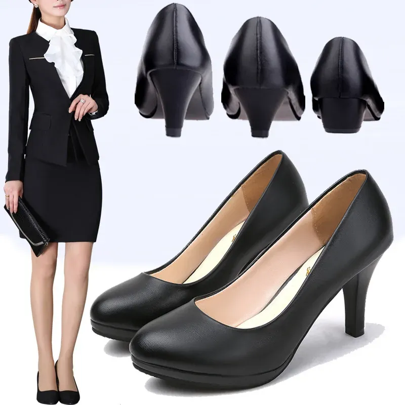 Pompes pour femmes formelles noires hautes 3cm 5cm 8cm 2023 Nouvelles femmes professionnelles Travail Chaussures en cuir Équipage Ladies pompes zapatos de mujer