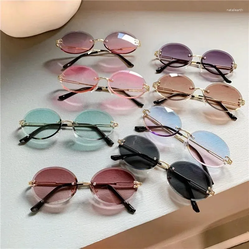 Lunettes de soleil mode rétro ovale sans bords pour femmes, Vintage dégradé multicolore, lunettes de soleil de luxe pour voyage en plein air