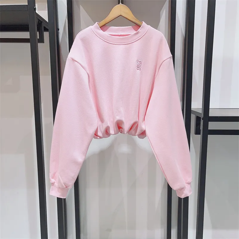 2024 في وقت مبكر الربيع الجديد Sandro Designer Women Solid Colour Round Reck Hoodie مطرزة بلوبر شيرت القطن القصير