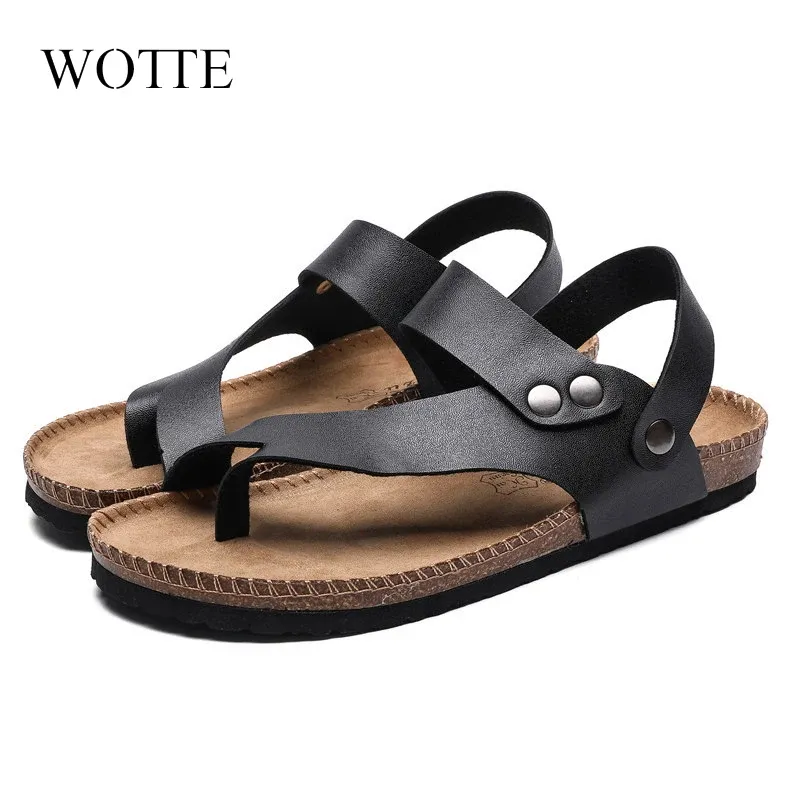 Sandaler 2021 Summer Men Sandals Cork Beach Pu Leather Female Shoes Back Strap Soft Bottom Comfort Solid Ladies Footwear Big Size 45