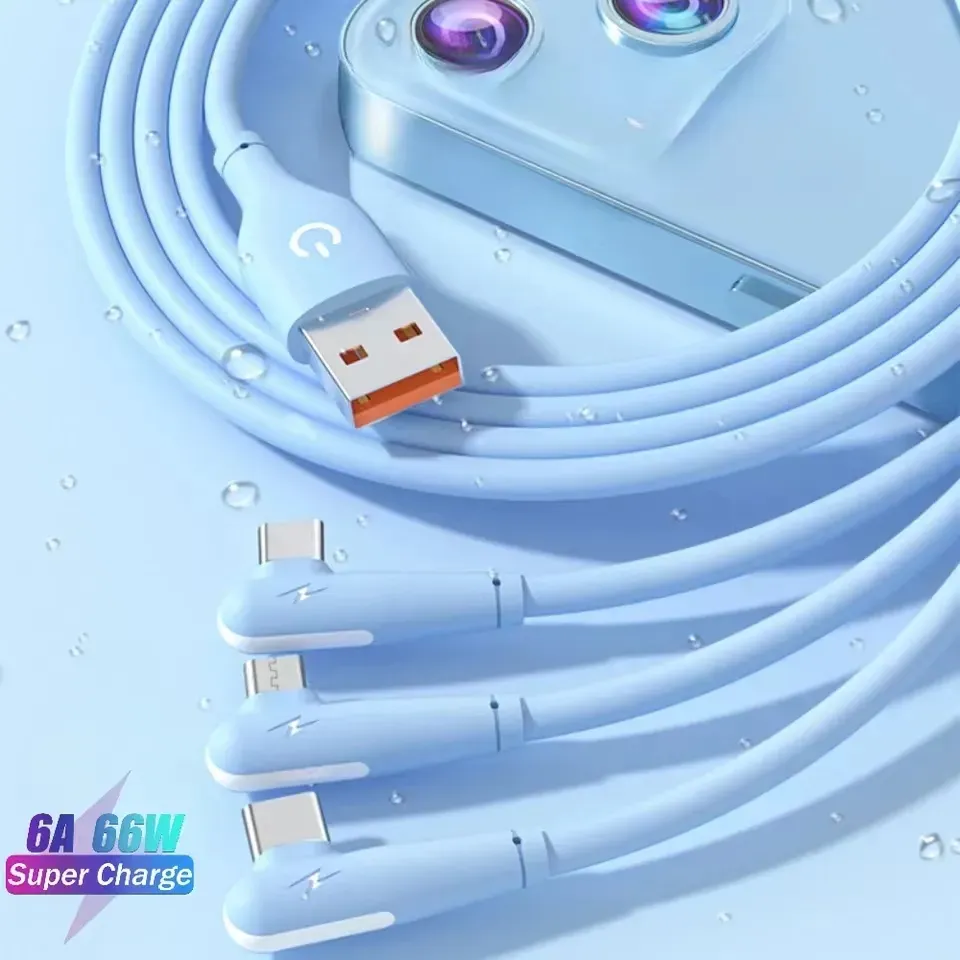 Cabo usb tipo c 3 em 1, cabo de carregamento super rápido 66w 6a, cotovelo de silicone líquido, cabo de carregador usb c para samsung, huawei, xiaomi