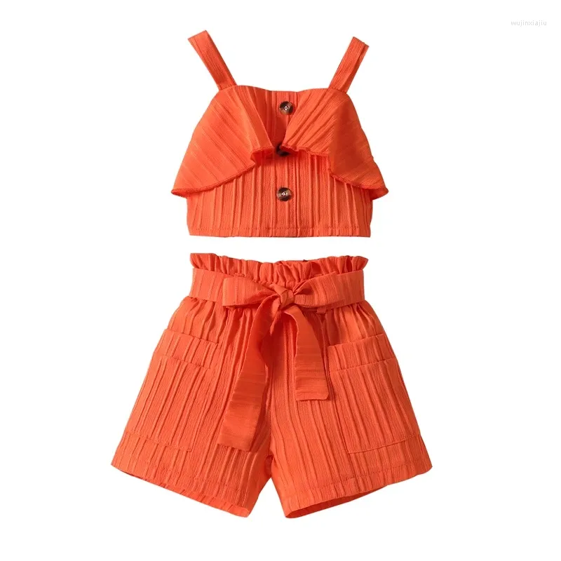 Kleidungssets Baby Mädchen Sommer 2-teiliges Outfit Einfarbig Rüschen Knopf Cami Tops Gürtel Shorts Kleidung