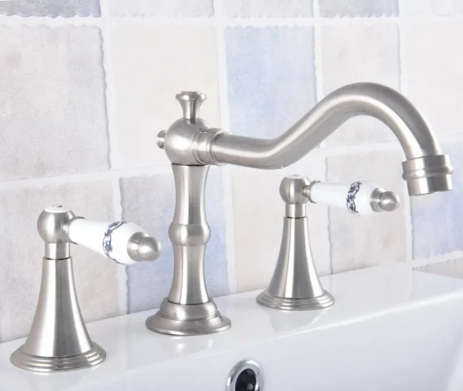 Bathroom Sink Faucets Brushed Nickel Brass Deck Mounted Dual Handles Widespread 3 Holes Basin Faucet Mixer Water Taps Mnf684