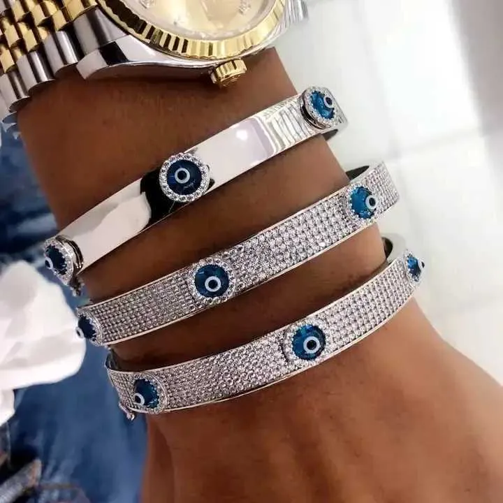 Bangle 2024 Feliz Turco Mau Olhos Mulheres Homens Pulseira Aberta 5A Cubic Zirconia Cz Espumante Moda Hip Hop Jóias 240319