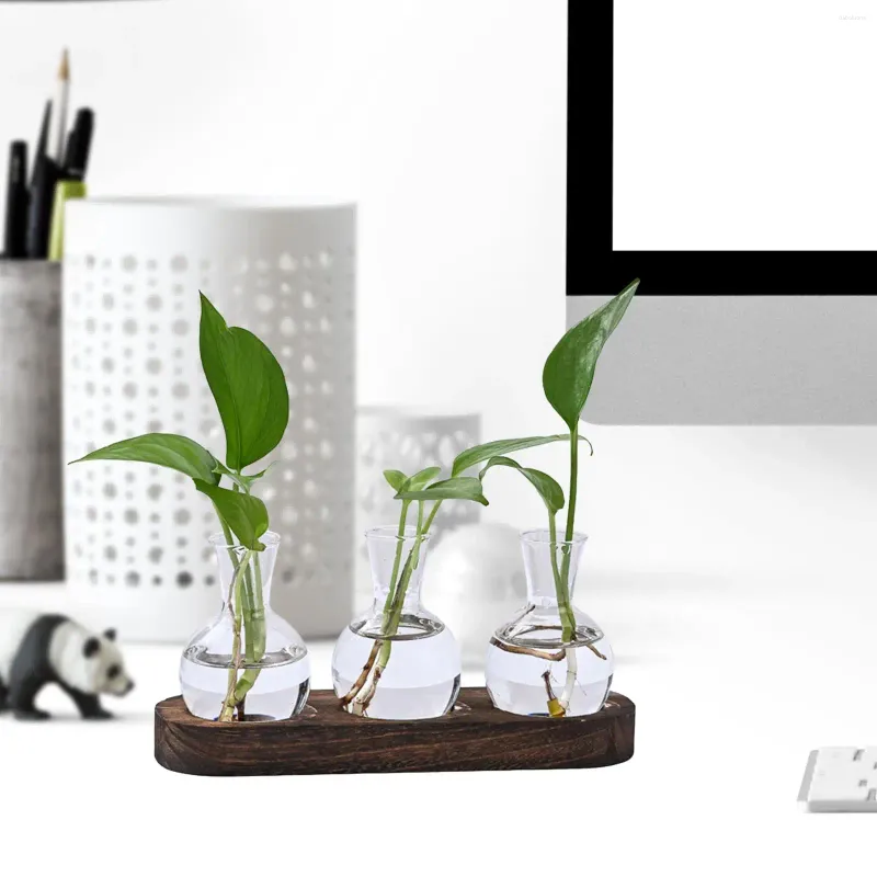 Vaser Hydroponic Vase Wood Base Table Centerpiece Flower Pot Desktop Glass Planter för Home Office Dinner Bookhelf