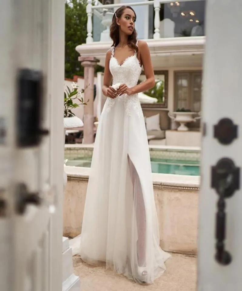 Une ligne robes de soirée en tulle simple robe de noiva dentelle appliques bretelles chérie dos ouvert fente latérale robes de mariée Custom7421156