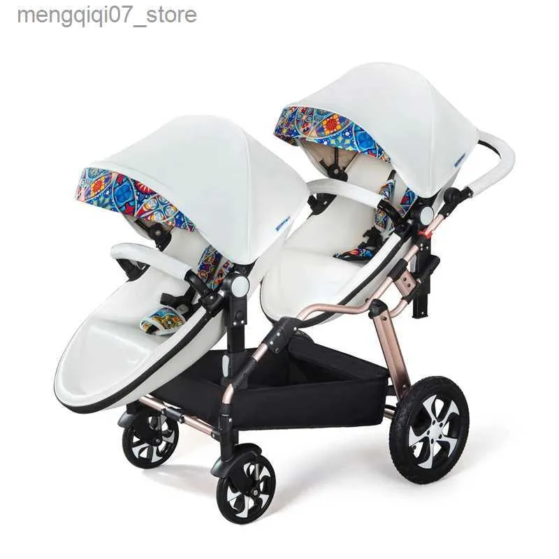 Strollery# 2024NEW luksusowe bliźniaki dziecięce bliźniaczkowe rama pu skórzana prambaby może usiąść i leżeć wózek do wózka dziecięcego L240319