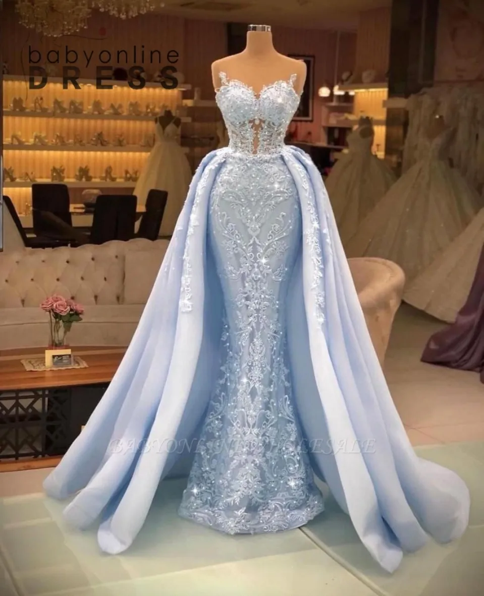 Stunning Light Sky Blue Mermaid Prom Dresses with Detachable Skirt Sexy Backless Sweetheart Illusion Appliques Beads Seq