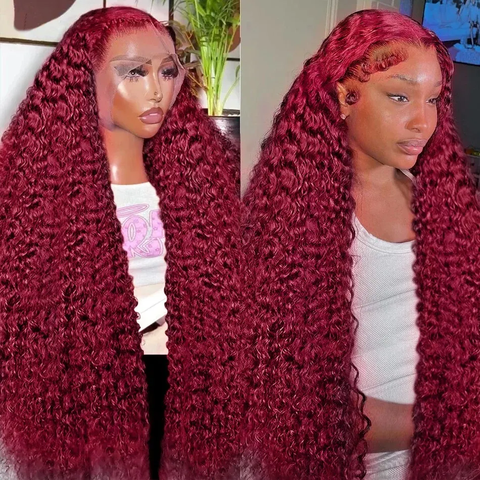 250 Density 99J Burgundy Deep Wave 13x6 HD Lace Frontal Human Hair Wigs Remy Red Colored Curly 13x4 Lace Front Wig for Women