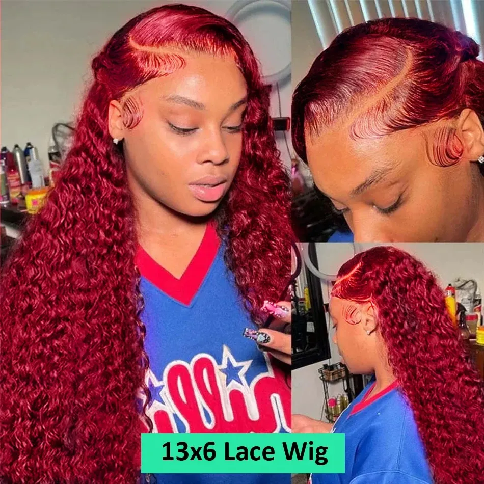 250 Density 99J Burgundy Deep Wave 13x6 HD Lace Frontal Human Hair Wigs Remy Red Colored Curly 13x4 Lace Front Wig for Women