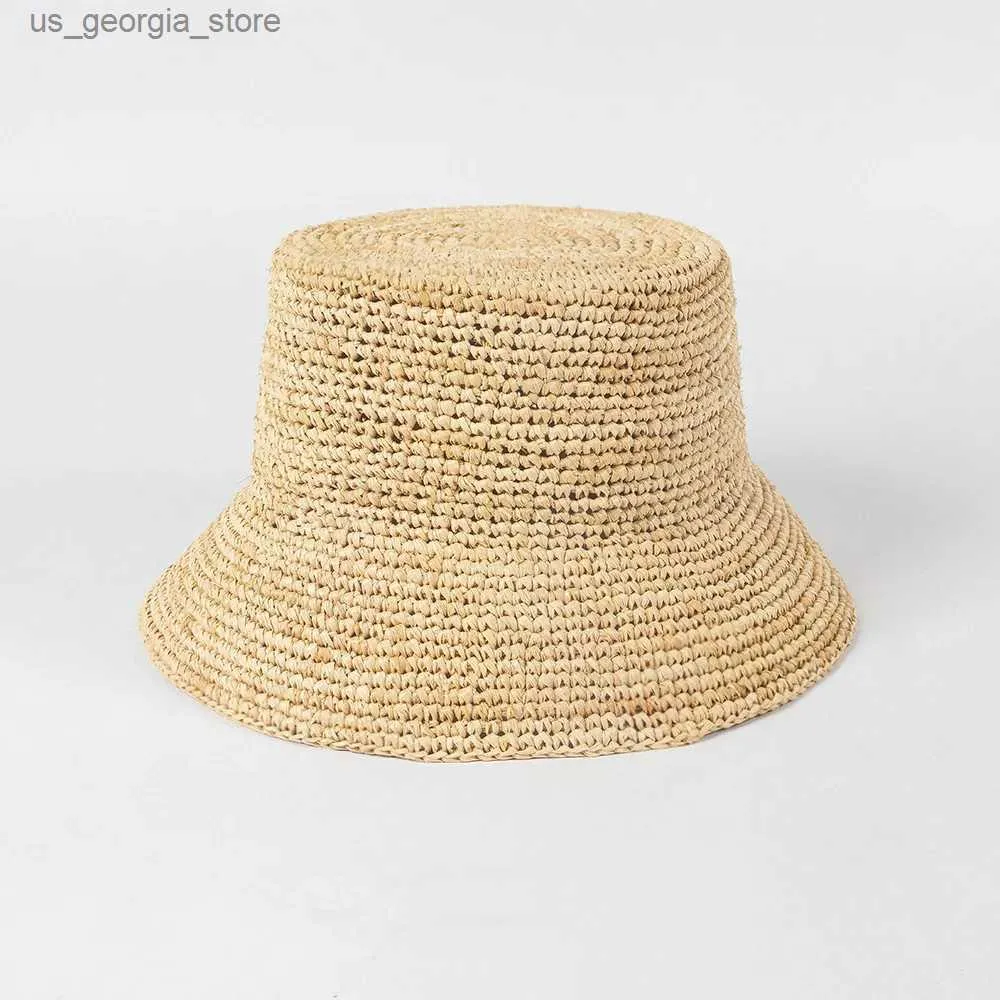 Wide Brim Hats Bucket Hats Fashionable casual handmade crocheted Lafite grass fisherman hat outdoor sun shadow str foldable hat Y240319