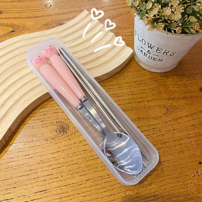 Dinnerware Sets Cutlery Cartoon Spoon Fork Chopsticks Portable Lunch Supplies Stainless Tableware Kitchen Travel Ste J9a2