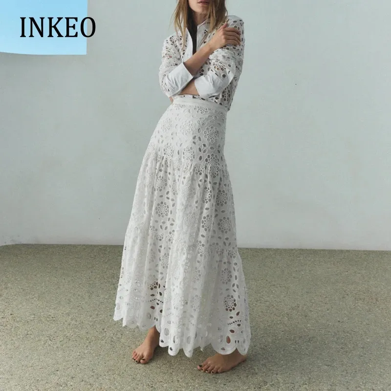 Fiesta blusa de encaje blanco tops y falda para mujer verano sexy bordado ahueca hacia fuera camisa femenina conjunto de 2 piezas traje INKEO 2T105 240315