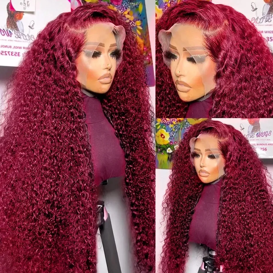 250 Density 99J Burgundy Deep Wave 13x6 HD Lace Frontal Human Hair Wigs Remy Red Colored Curly 13x4 Lace Front Wig for Women