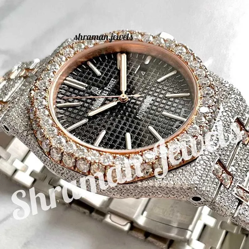 Mens Diamond Fully Iced Out Two Tone Stainlwatchess Steel Automatic Watchwatches Hip Hop Watch