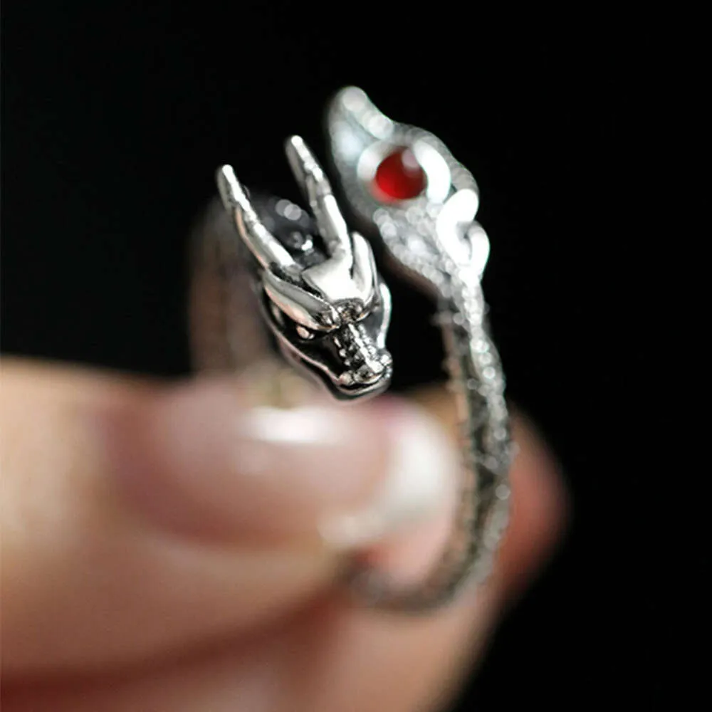Chinese Style Divine Dragon Swings Its Tail Ring for Wedding, Unisex Rhodium Plated Silver Band Ring