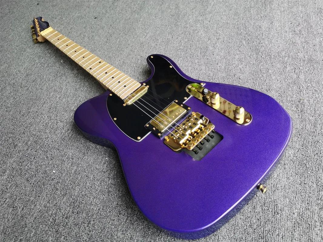 Guitarra clássica personalizada de metal roxo 6 cordas guitarra elétrica, escala de bordo, ponte Floyd, hardware dourado, personalizável