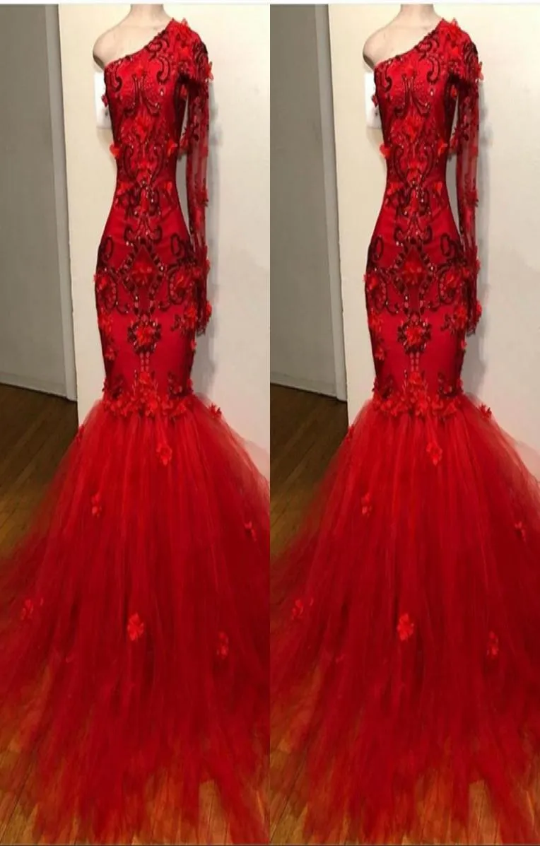 Red Long Sleeve Mermaid Sexy Prom Dresses Tulle Lace Ruffle One Shouler Zipper Up Court Train Evening Dresses Pagent Gowns3579187