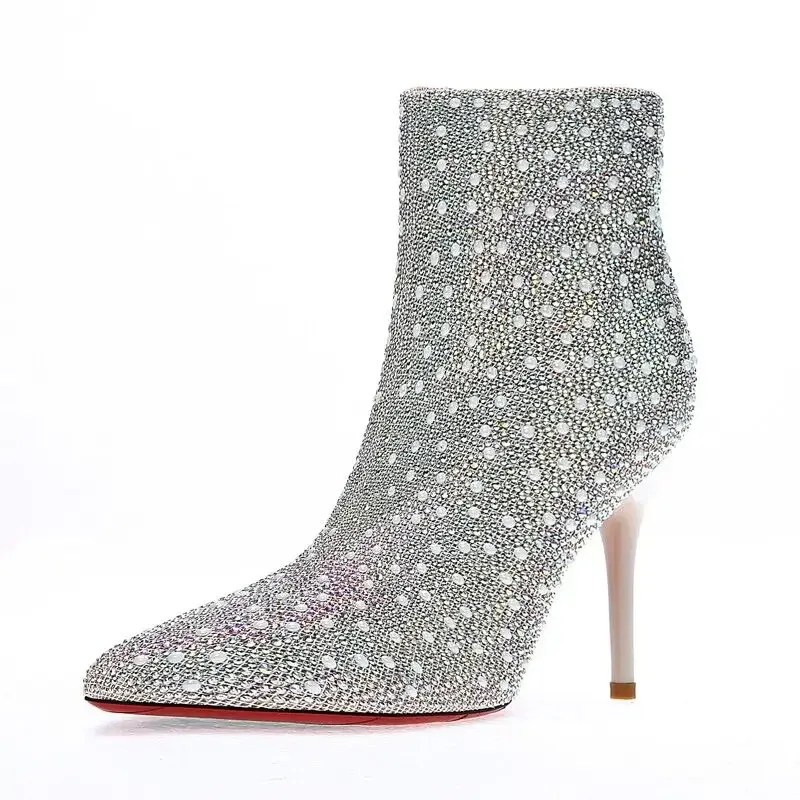 Boots Boots Women's Shoes Trend 2022 Heels Chelsea Ankle Booties Woman Silver Luxury Elegant Heeled Sexy Rhinestone Weddings Bridal