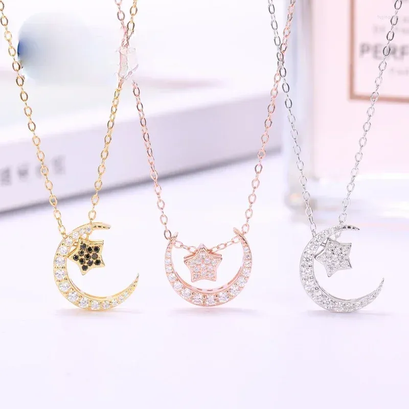 Chaînes Femme S Couleur Argent Pur Étoiles Contractées La Marée De Lune Pendentif Bijoux Chaîne De Personnalité De La Clavicule