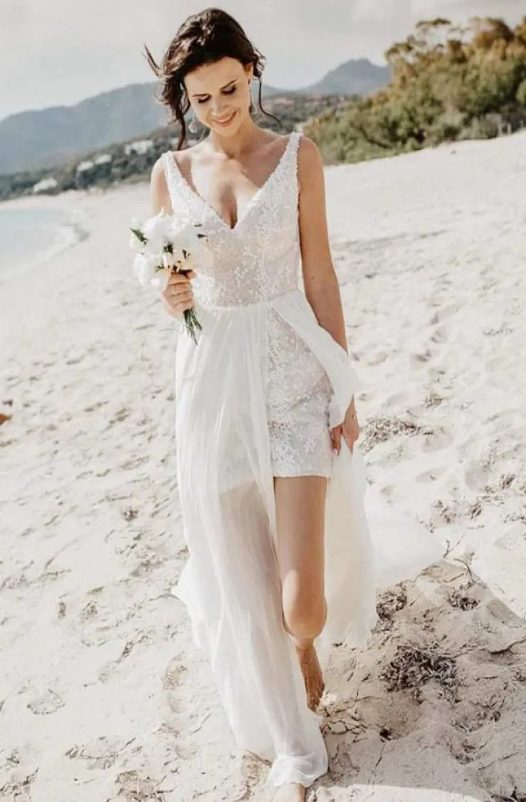 Błyszcząca znakomita cekinowa letnie suknie ślubne plażowe wysokie niskie tiulowe tiul z tyłu seksowne bohemijskie sukienki ślubne letnie sukienki che9098062