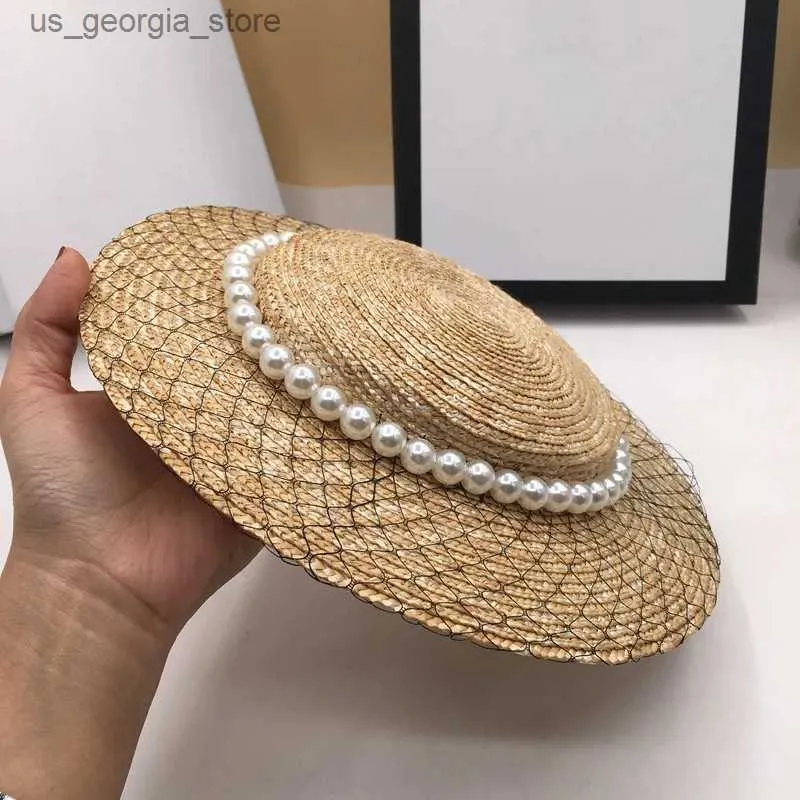 Chapeaux à larges bords Chapeaux de seau Str Femmes Perle Maille Décoration Str Chapeau Vintage marée Plage Pare-Soleil Femmes Chapeau D'été Élégant Large Chapeau Marron Y240319