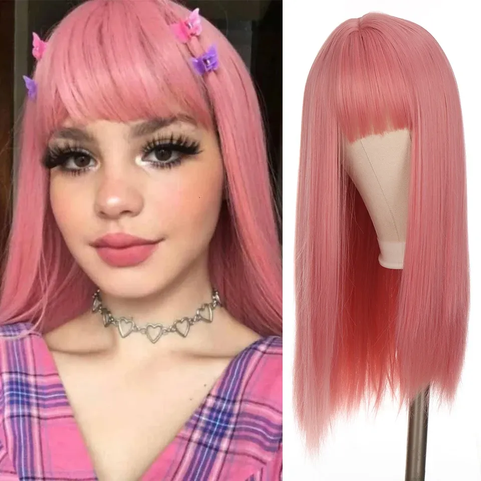 Perruques LUPU synthétique longue ligne droite Ombre rose noir Blonde perruque avec frange Lolita Cosplay cheveux perruques pour femmes Anime résistant à la chaleur perruques