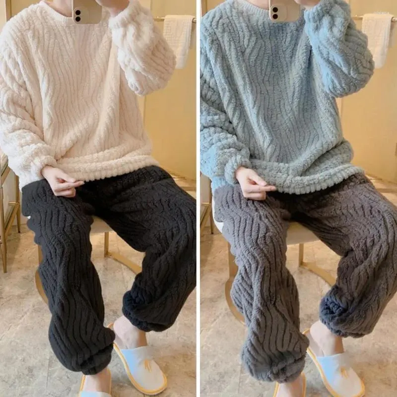 Pijamas masculinos conjunto de calças de pijama com design de ligação de perna aconchegante flanela manga longa conforto toque macio loungewear para o outono