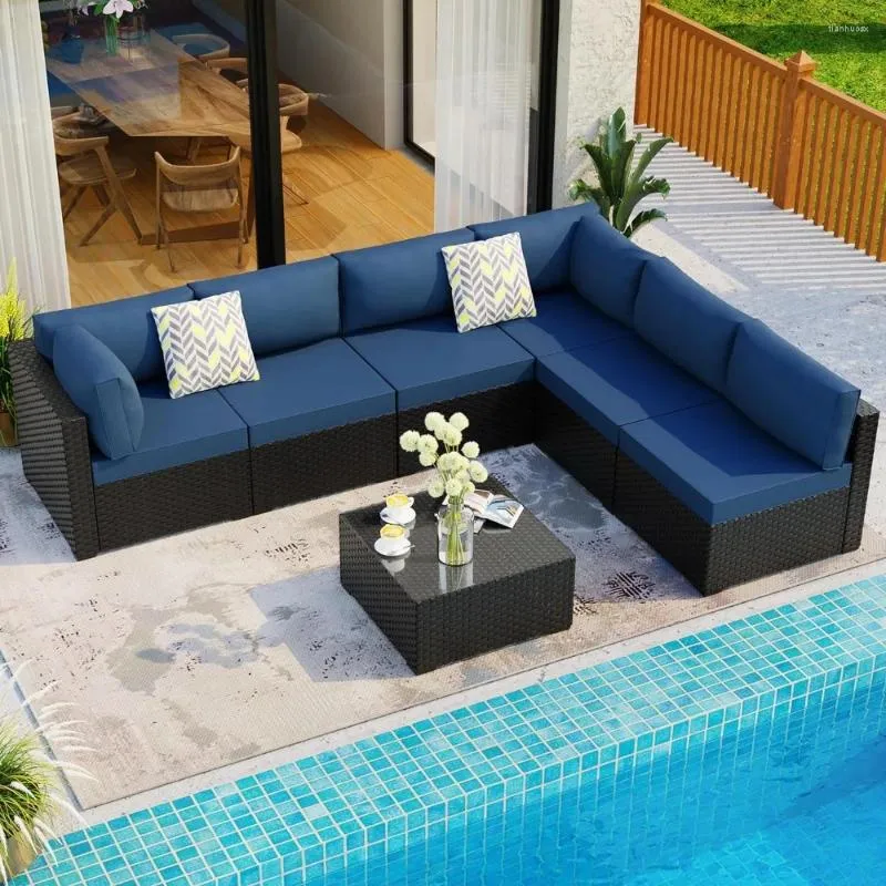 Lägmöbler utomhus soffa 7-stycken segmenterad med tvättbara kuddar och glas soffbord lämpliga för trädgårdar poolkanter