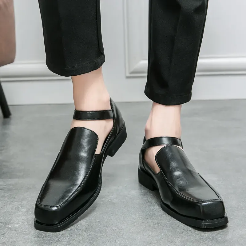 New Black Men`s Summer Sandals Pu Leather Buckle Strap Dress Shoes for Men with Business Formal Shoes Men Size 38-46
