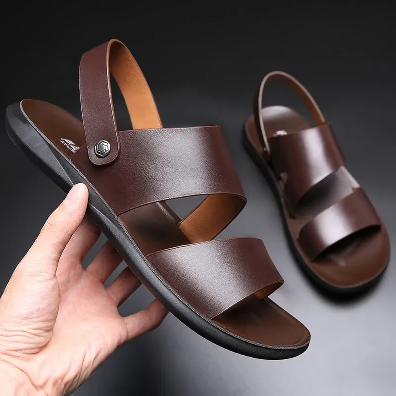 Sandaler yomior ny mode vintage män skor ko läder mjuk andas avslappnade lägenheter sommar strand sandaler tofflor flip flop svart