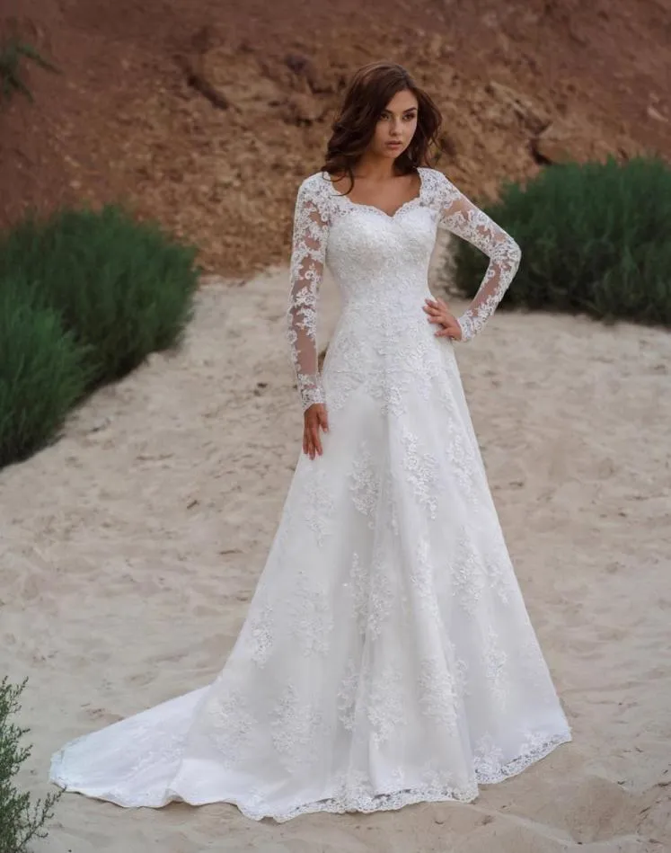 2022 Vestios de Novia Lace Up Aline Wedding Bowns Vneck Applices Long Sleeves Garden Elegant Bridal Dresses With See Hrough Bac6500272