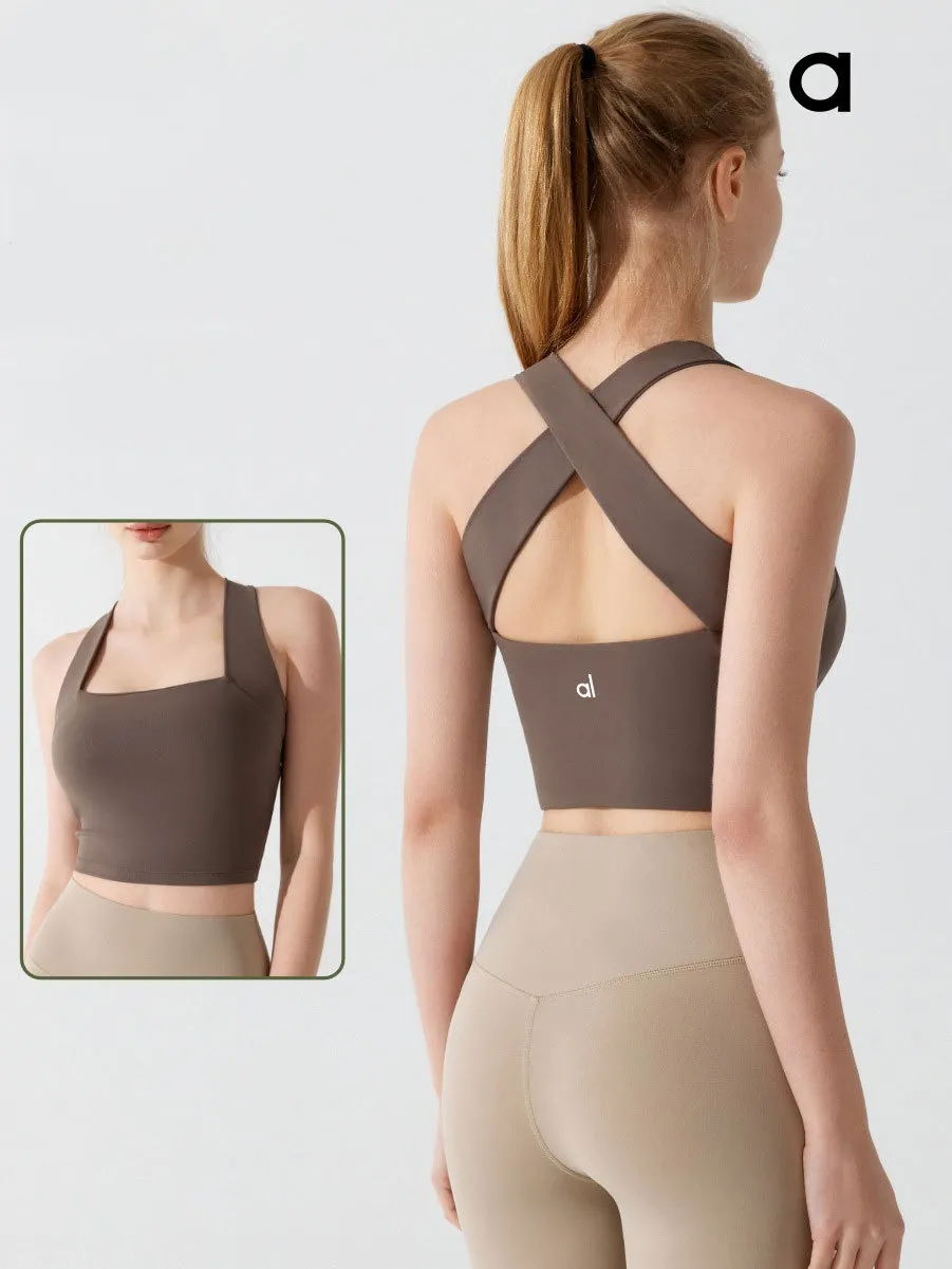 Alyoga Spring/Summer New Square Neck Cross Strap Beautiful Back Sports Tank Top Versatile Shockproof Gathering Yoga Bra