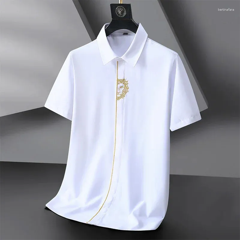 Polos pour hommes taille plus chemise à manches courtes brodée noir blanc respirant style chinois rétro vêtements masculins