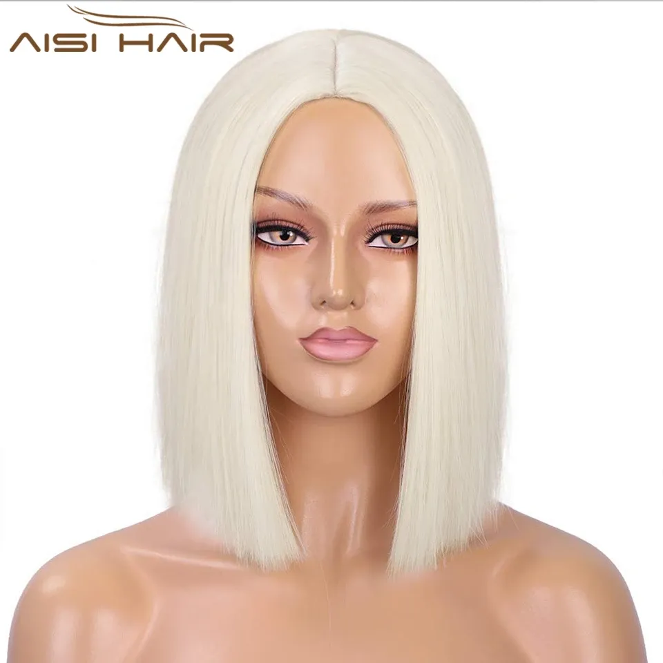 Perucas AISI CABELO Sintético Platinum Blonde Curto Bob Peruca Cabelo Liso para Mulheres Roxo Colorido Peruca Cosplay Halloween Resistente ao Calor