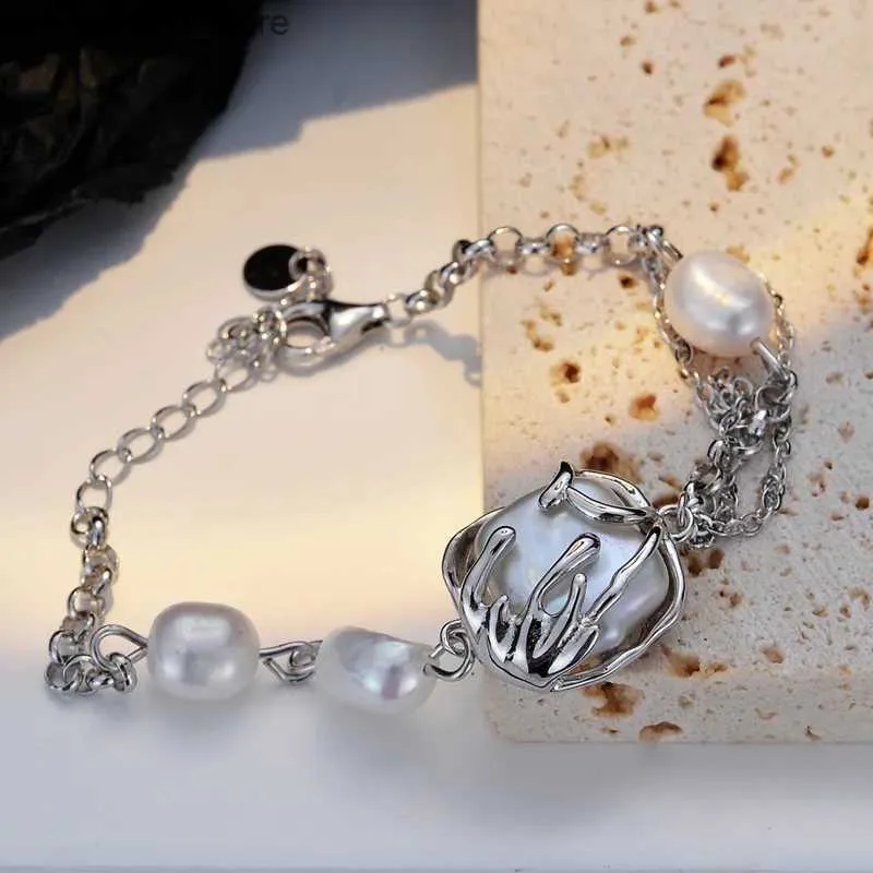 Charm Bracelets F.I.N.S Temperament Baroque Pearl S925 Sterling Silver Layered Chains Luxury Square Freshwater Pearls Hand Fine Jewelry L240316