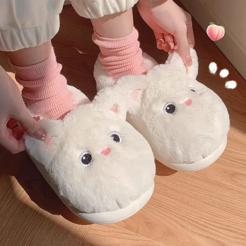 Slippers White Pink Cute Cat Slippers Women Fluffy Fur Slippers Platform Indoor House Shoes Winter Kawaii Animal Cozy Home Slides Shoes