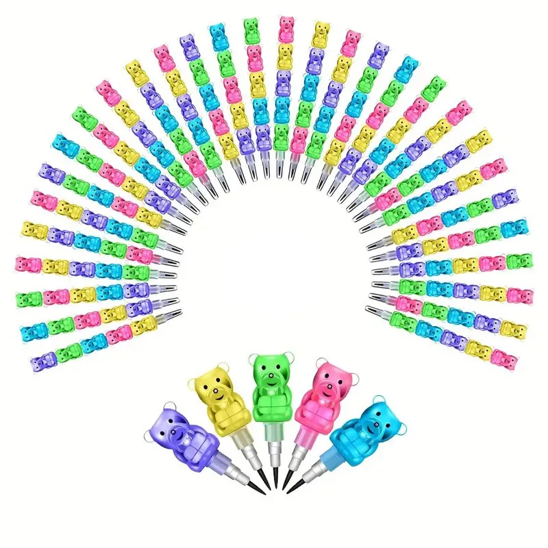 Matita impilabile Orso di plastica Matite non affilabili Bambini 5 in 1 Matite colorate impilabili Bomboniere per feste di compleanno Forniture per ufficio scolastico